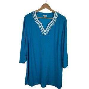 Talbots Womens Tunic Dress Size Medium Blue Pom Trim‎ Beach Cover Up Vacation